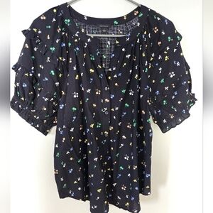 Ann Taylor Black Floral Ruffle Sleeve Top Size Small